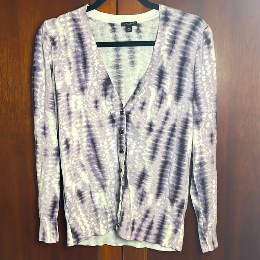 Ann Taylor Tie-Dye Button-Up Cardigan - Purple, Black, and White - Cotton Blend